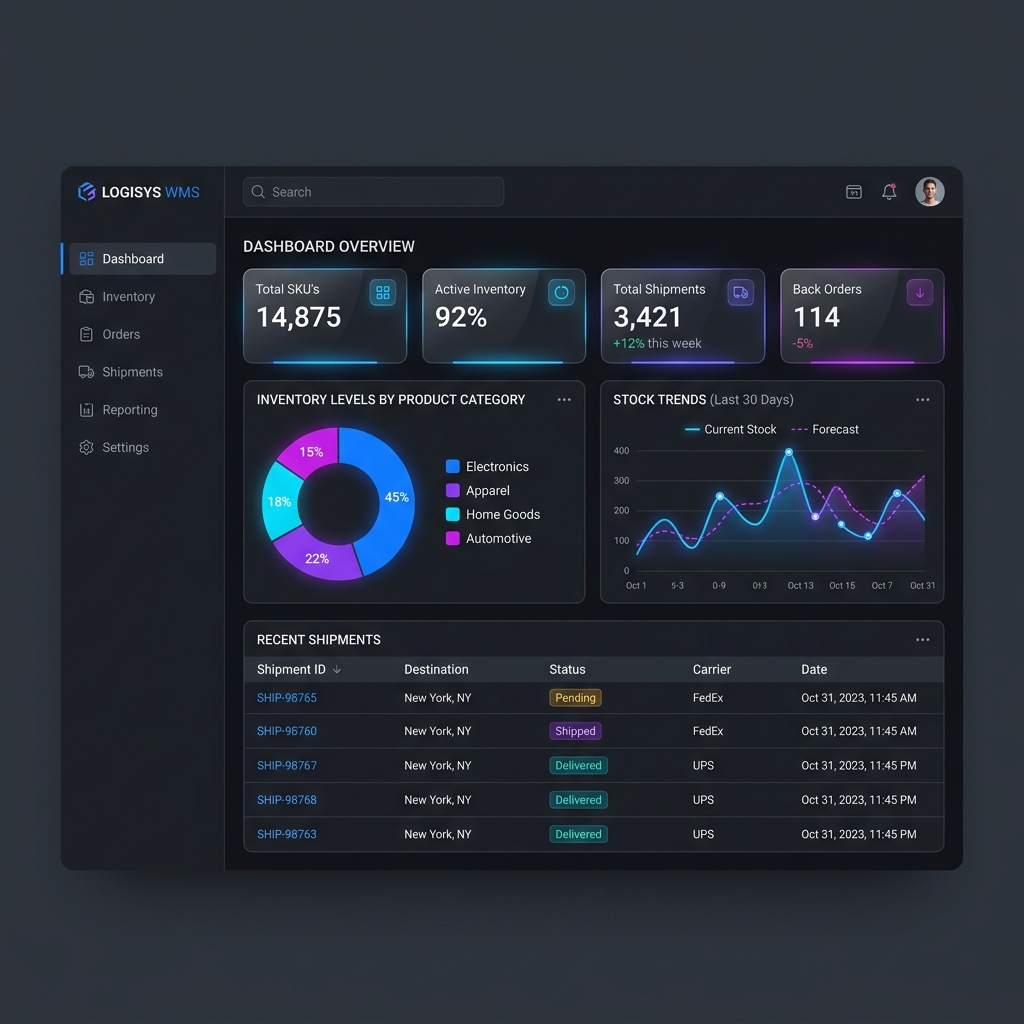 Warekeeper Dashboard Interface Mockup showing inventory and analytics